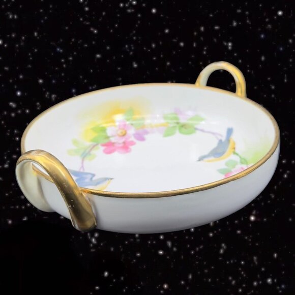 Hand Painted Nippon Fine Porcelain Dish Bowl Flower Bird Two Handled Vintage - Picture 8 of 14